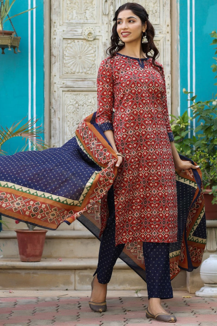 Blue and Red Printed Fancy Kurta and Palazzo Dupatta Set | SHOBITAM