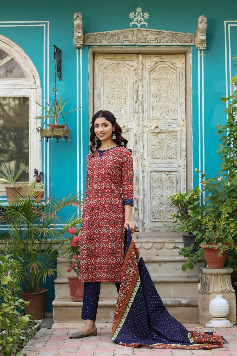Blue and Red Printed Fancy Kurta and Palazzo Dupatta Set | SHOBITAM