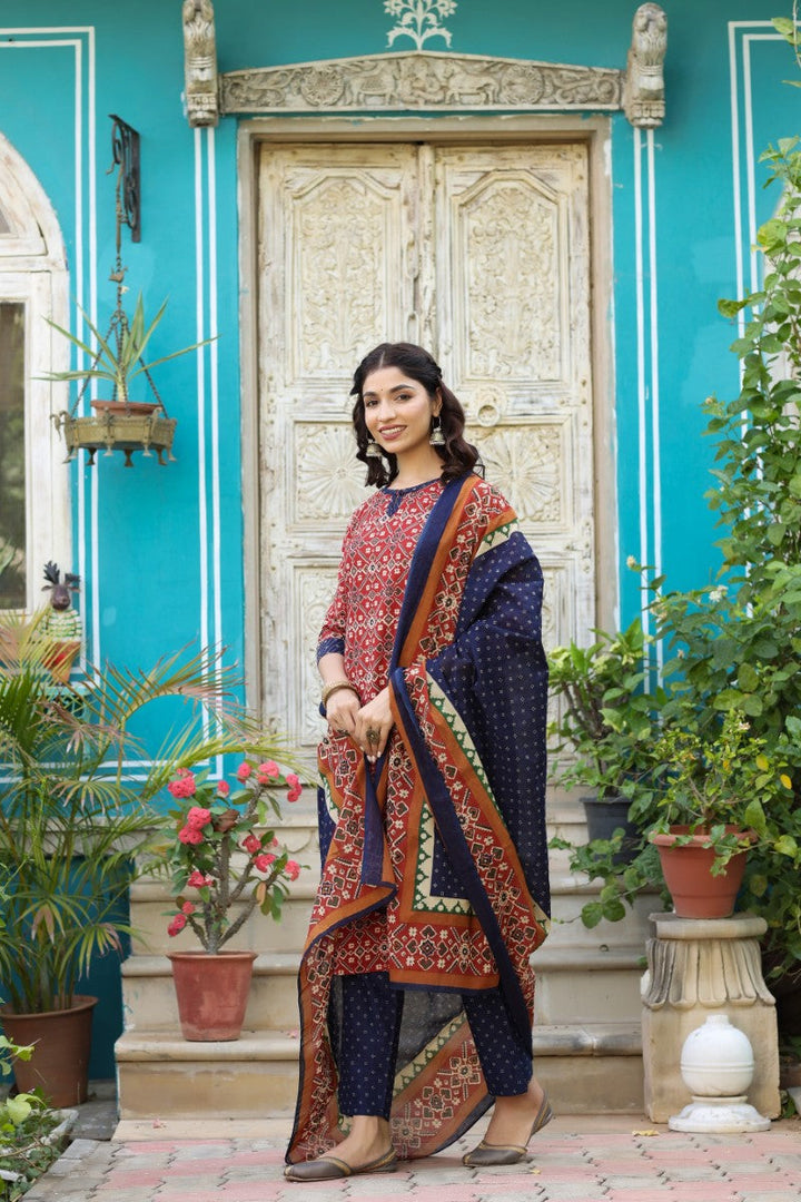 Blue and Red Printed Fancy Kurta and Palazzo Dupatta Set | SHOBITAM