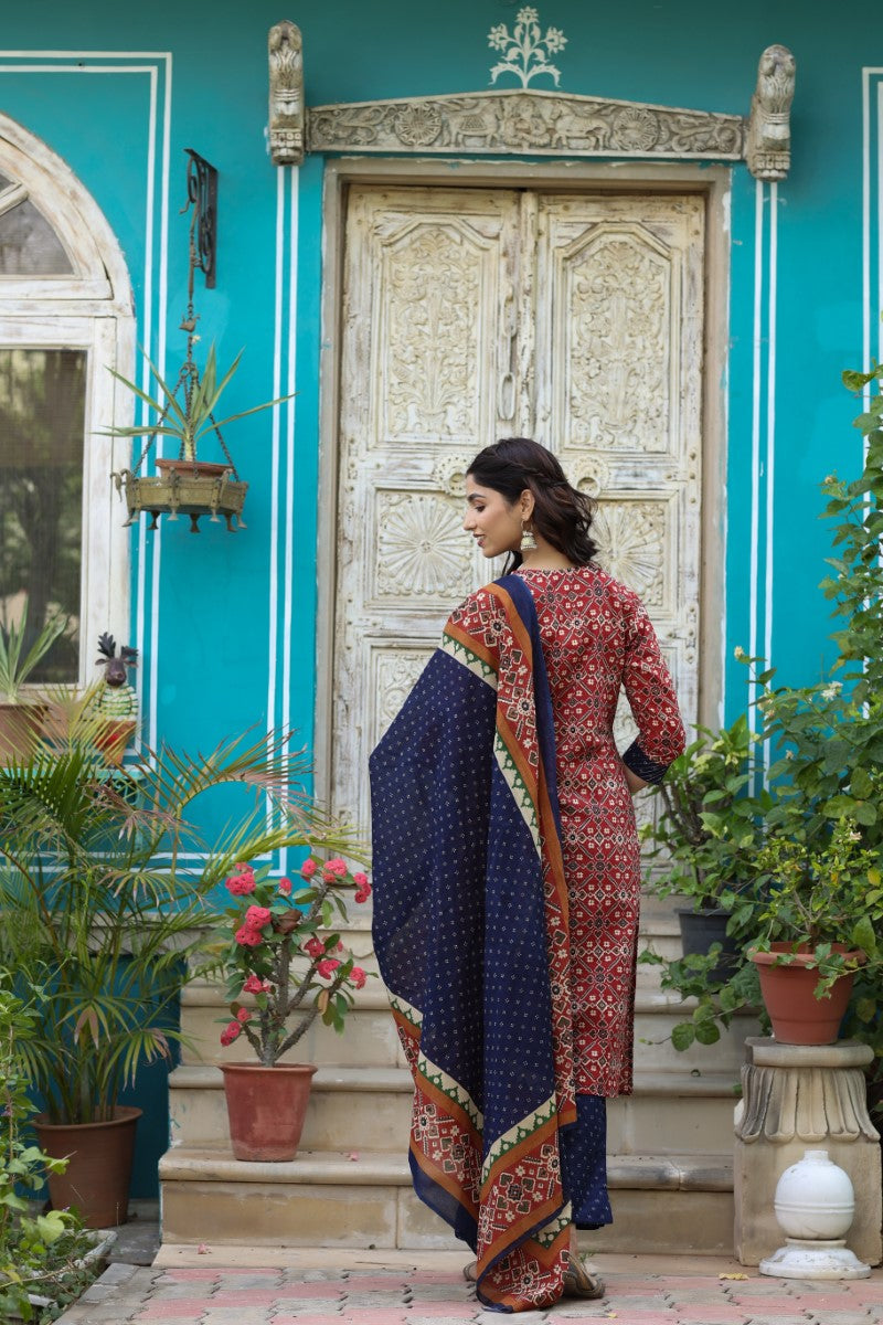 Blue and Red Printed Fancy Kurta and Palazzo Dupatta Set | SHOBITAM
