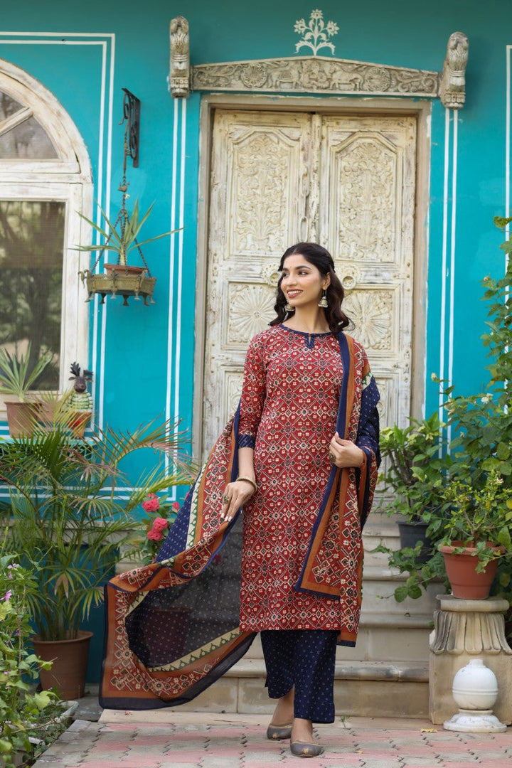 Blue and Red Printed Fancy Kurta and Palazzo Dupatta Set | SHOBITAM
