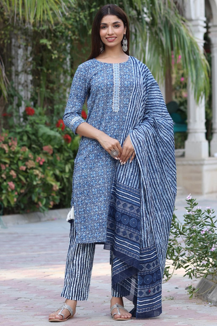 Women Blue & White Cotton Fabric Printed Fancy Kurta And Palazzo | SHOBITAM