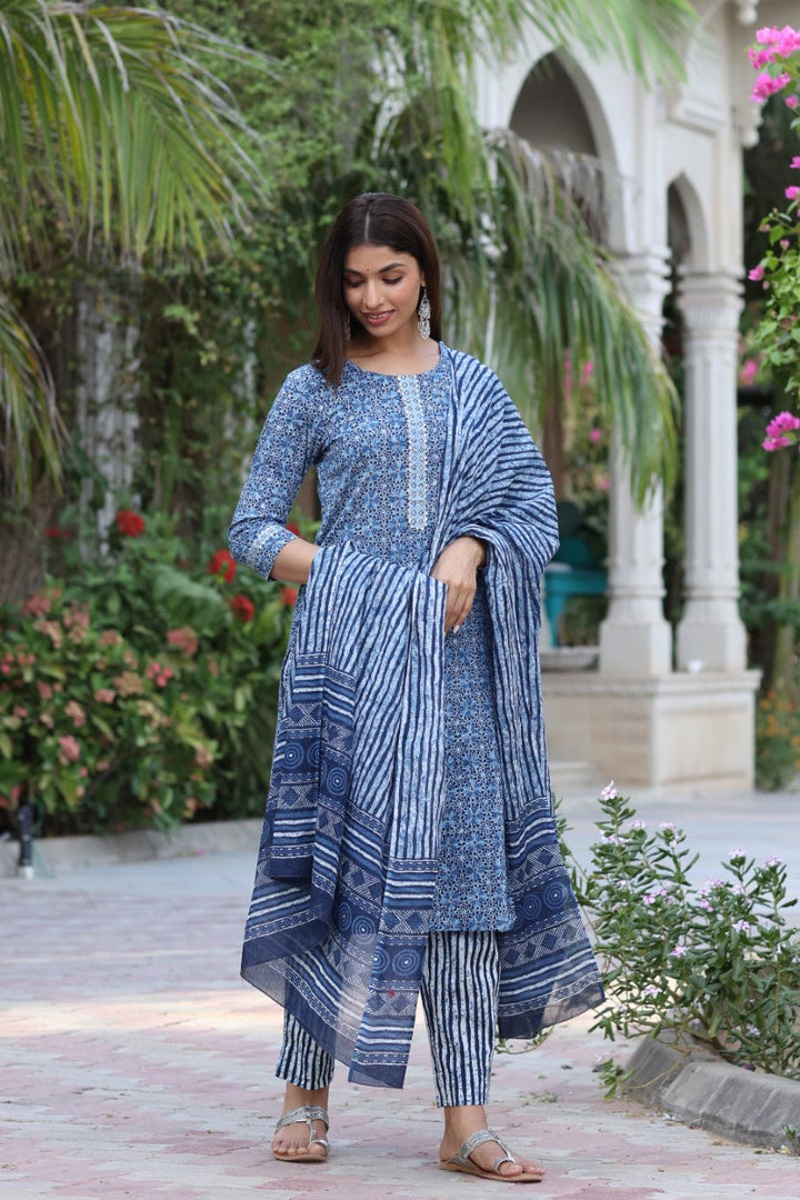 Women Blue & White Cotton Fabric Printed Fancy Kurta And Palazzo | SHOBITAM