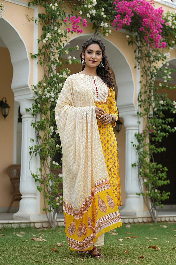 Yellow Rayon Blend Straight Suit Set | SHOBITAM
