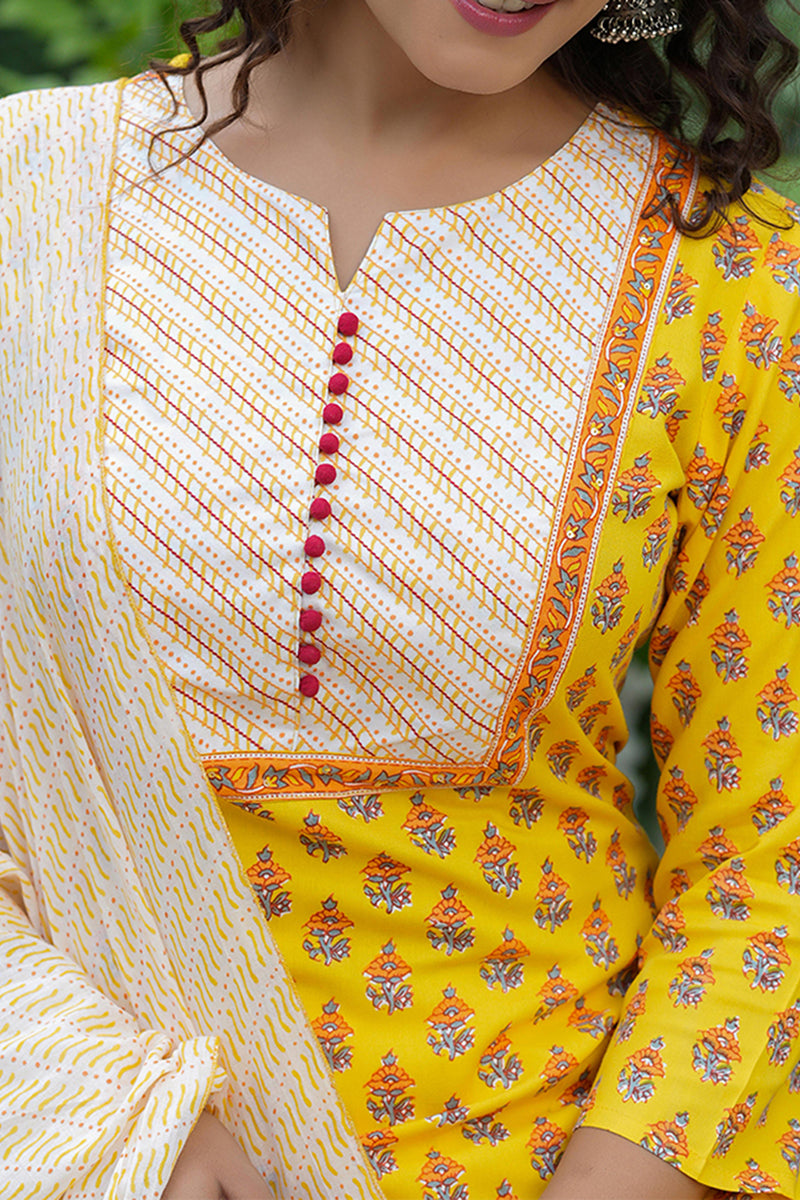Yellow Rayon Blend Straight Suit Set | SHOBITAM
