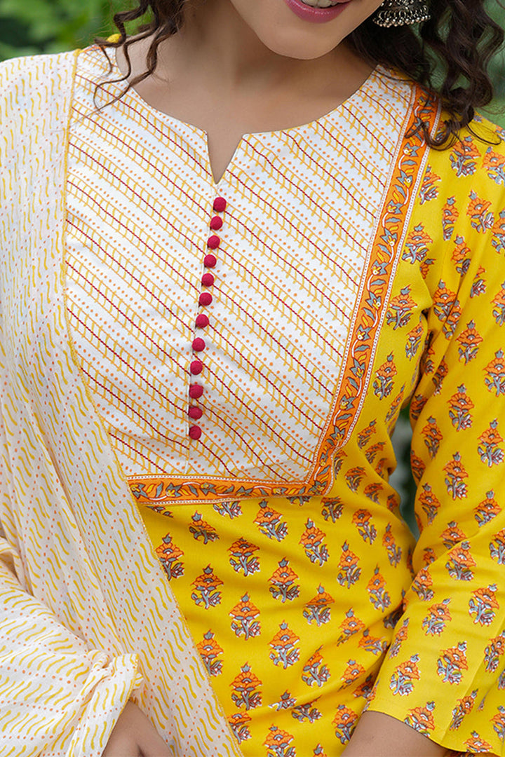 Yellow Rayon Blend Straight Suit Set | SHOBITAM