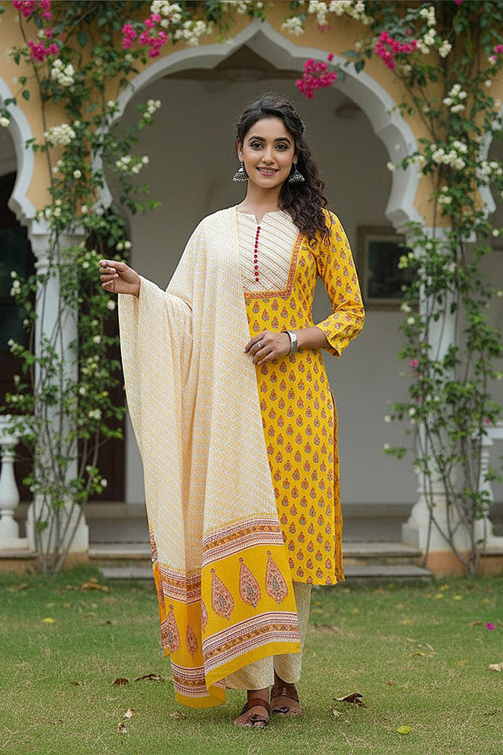 Yellow Rayon Blend Straight Suit Set | SHOBITAM