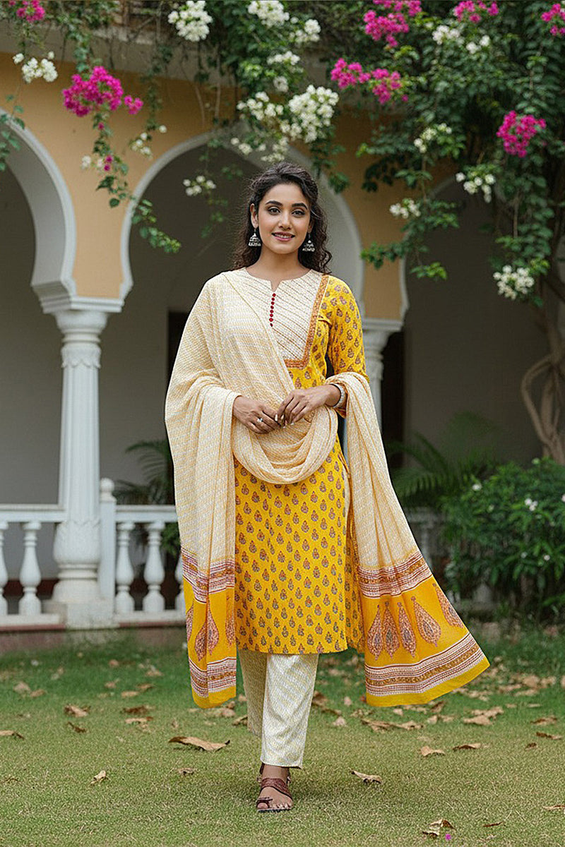 Yellow Rayon Blend Straight Suit Set | SHOBITAM