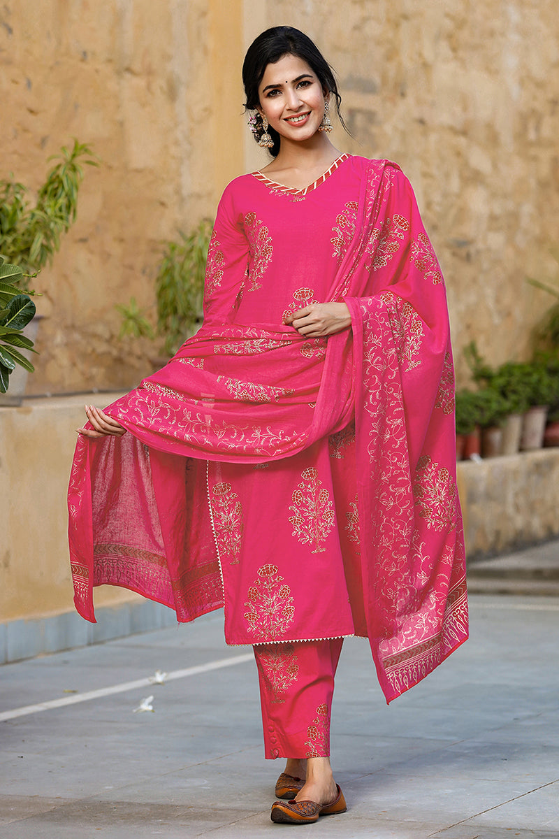 Pink Cotton Straight Suit Set  | SHOBITAM
