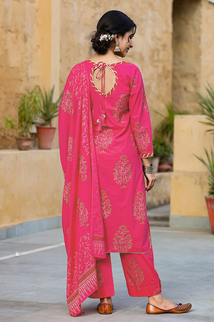 Pink Cotton Straight Suit Set  | SHOBITAM