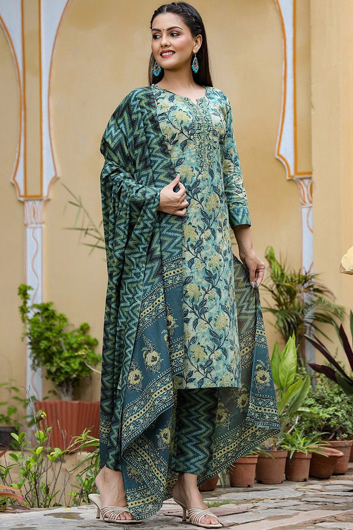 Rayon Blend Teal Ethnic Motifs Printed Straight Kurta Palazzo Dupatta Set | SHOBITAM