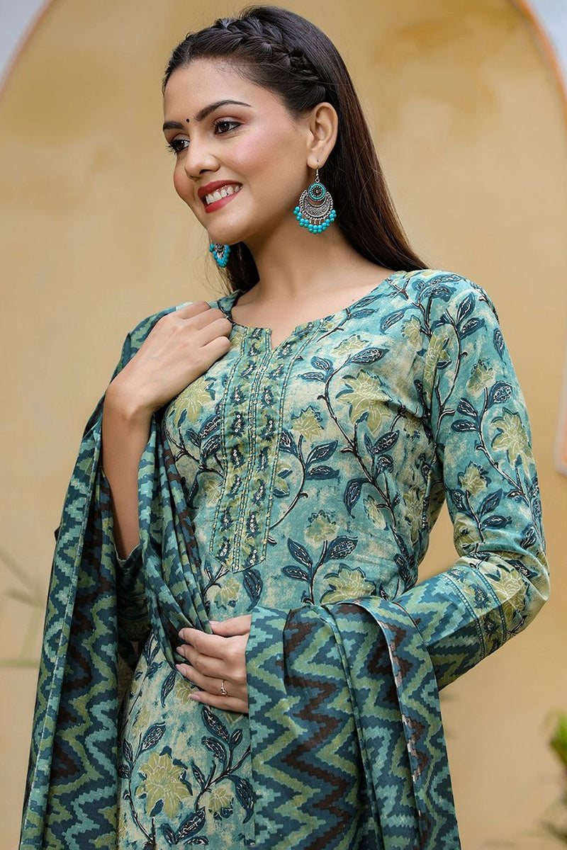 Rayon Blend Teal Ethnic Motifs Printed Straight Kurta Palazzo Dupatta Set | SHOBITAM