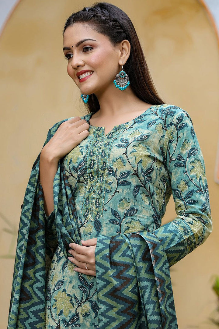 Rayon Blend Teal Ethnic Motifs Printed Straight Kurta Palazzo Dupatta Set | SHOBITAM