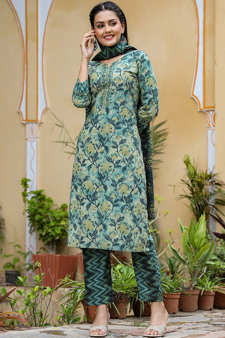 Rayon Blend Teal Ethnic Motifs Printed Straight Kurta Palazzo Dupatta Set | SHOBITAM