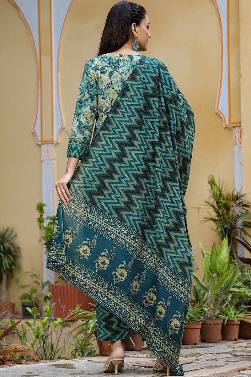 Rayon Blend Teal Ethnic Motifs Printed Straight Kurta Palazzo Dupatta Set | SHOBITAM