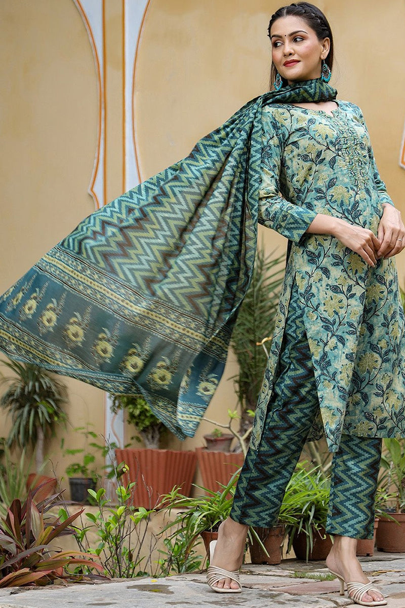 Rayon Blend Teal Ethnic Motifs Printed Straight Kurta Palazzo Dupatta Set | SHOBITAM