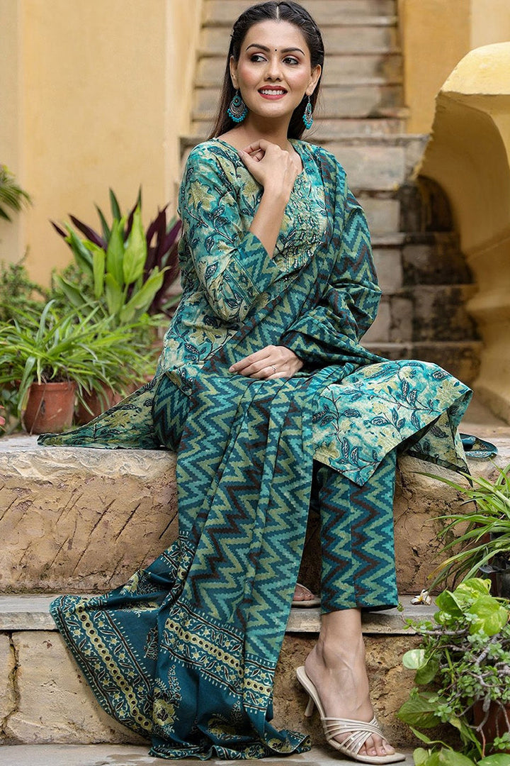 Rayon Blend Teal Ethnic Motifs Printed Straight Kurta Palazzo Dupatta Set | SHOBITAM