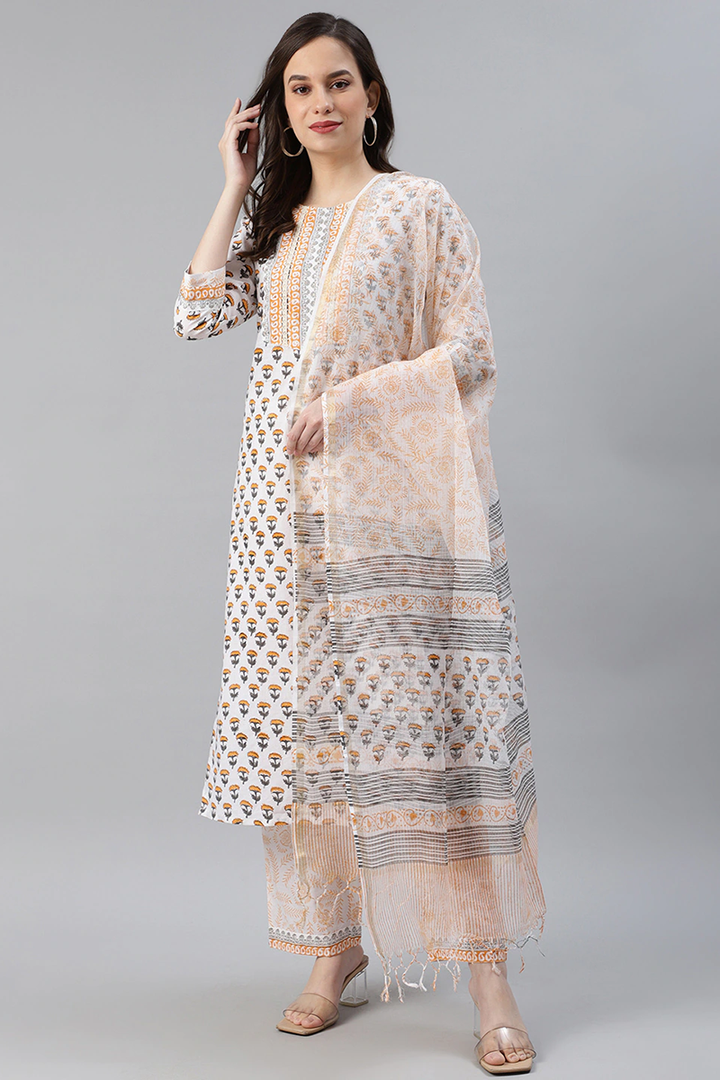 White Cotton Ethnic Motifs Printed Straight Kurta Palazzo Dupatta Set | SHOBITAM