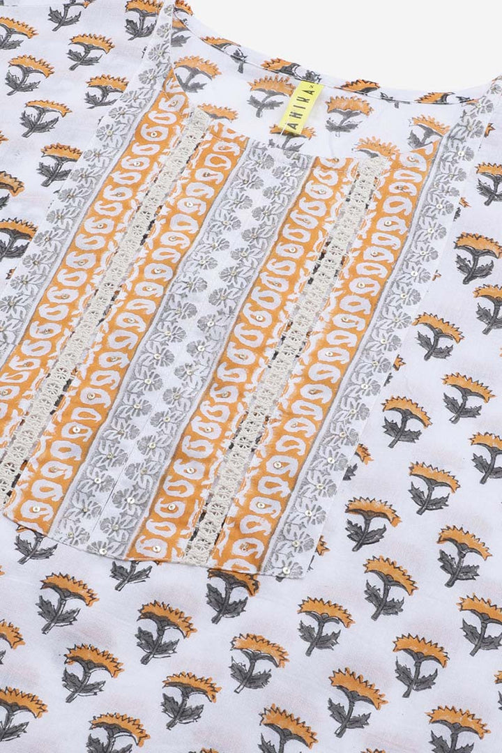 White Cotton Ethnic Motifs Printed Straight Kurta Palazzo Dupatta Set | SHOBITAM