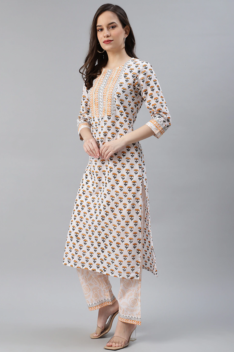 White Cotton Ethnic Motifs Printed Straight Kurta Palazzo Dupatta Set | SHOBITAM