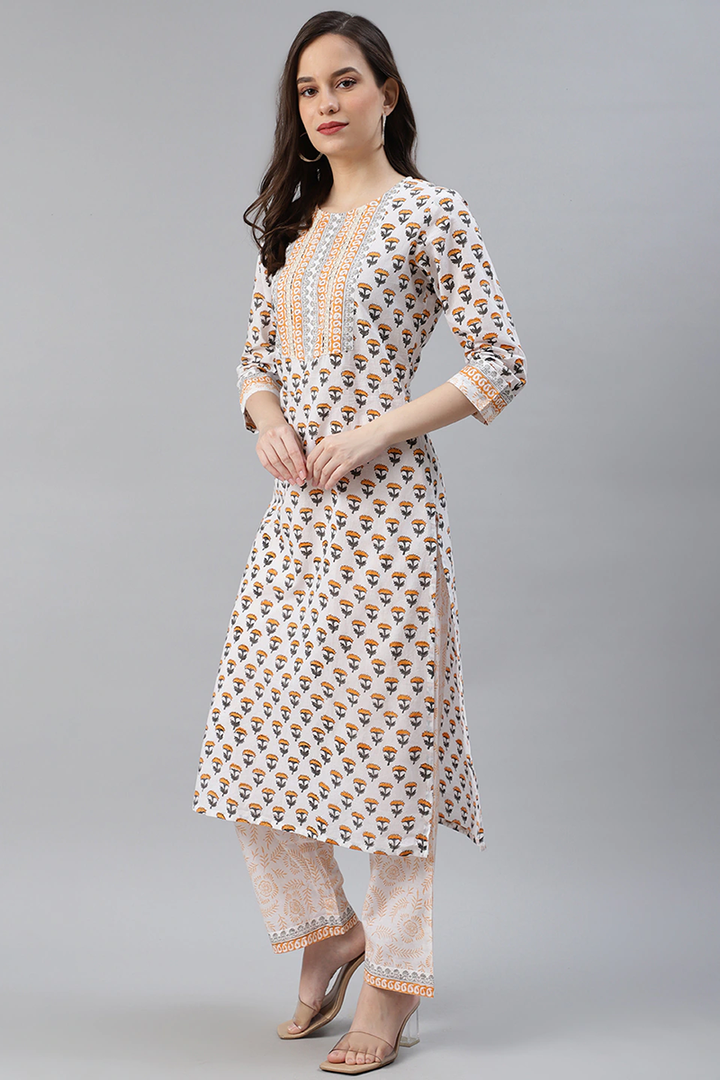 White Cotton Ethnic Motifs Printed Straight Kurta Palazzo Dupatta Set | SHOBITAM