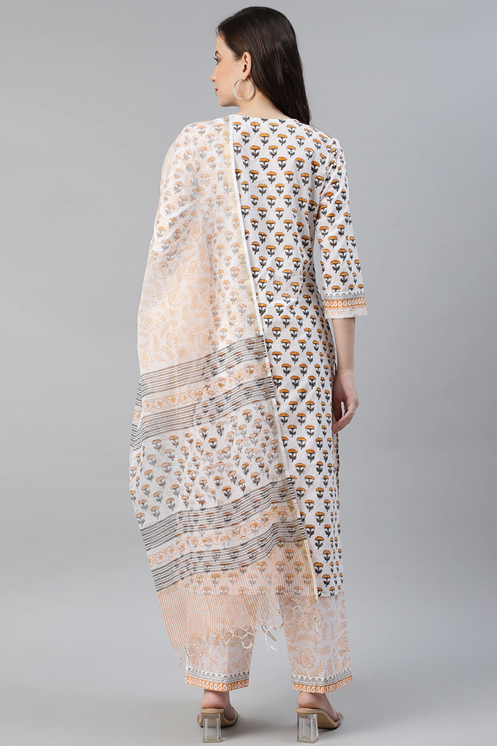 White Cotton Ethnic Motifs Printed Straight Kurta Palazzo Dupatta Set | SHOBITAM