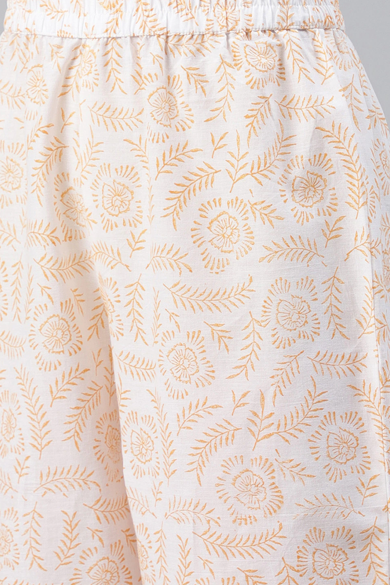 White Cotton Ethnic Motifs Printed Straight Kurta Palazzo Dupatta Set | SHOBITAM