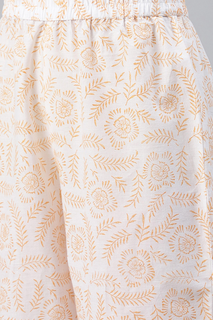 White Cotton Ethnic Motifs Printed Straight Kurta Palazzo Dupatta Set | SHOBITAM