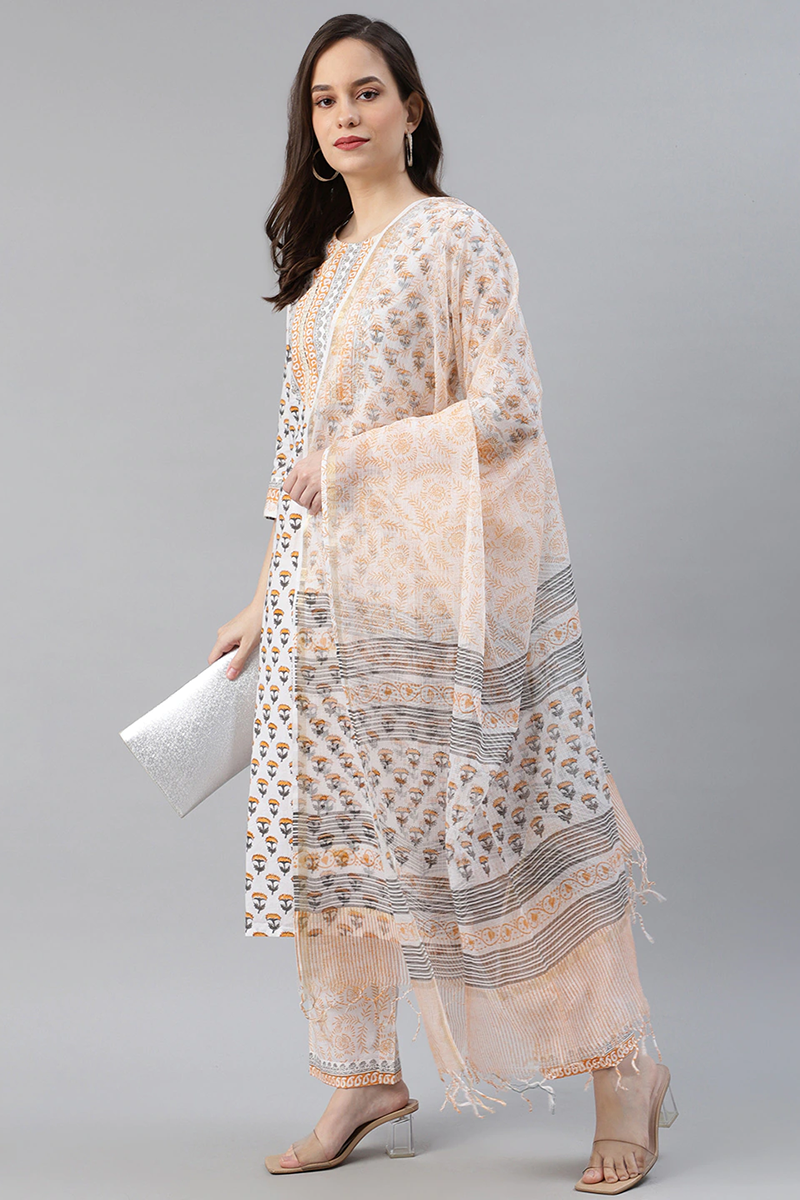 White Cotton Ethnic Motifs Printed Straight Kurta Palazzo Dupatta Set | SHOBITAM