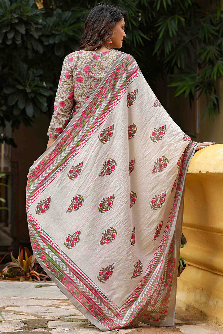 Grey Rayon Blend Ethnic Motifs Printed Straight Suit Set | SHOBITAM