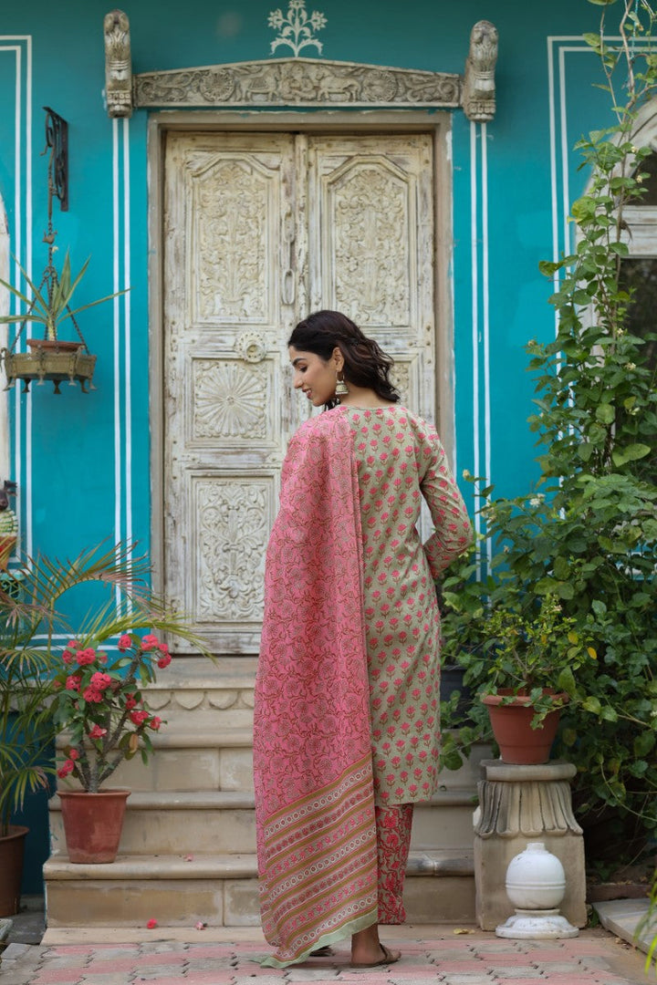 Green Cotton Floral Printed Straight Kurta Pant Dupatta Set | SHOBITAM