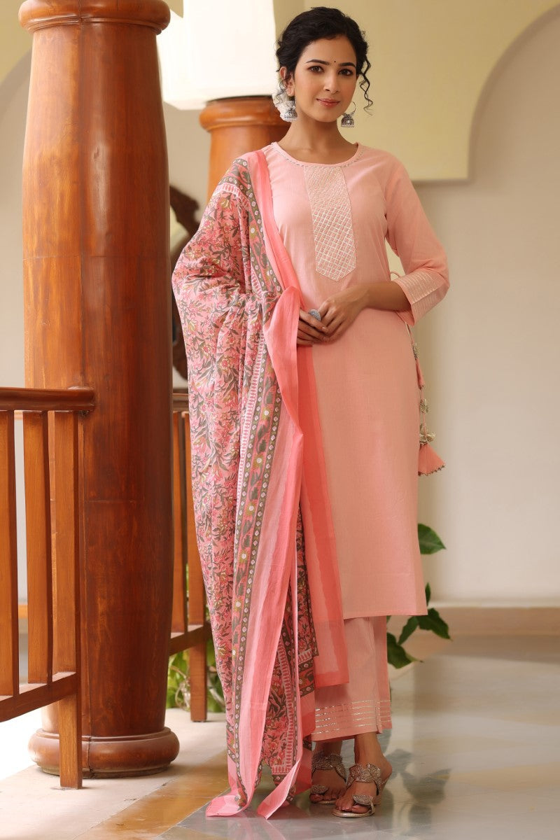 Pink cotton Yoke Design Gotta Patti Suit Set | SHOBITAM