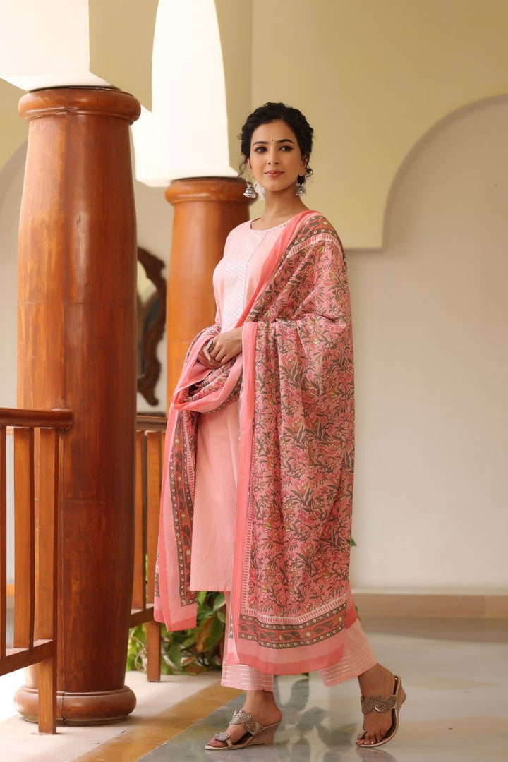 Pink cotton Yoke Design Gotta Patti Suit Set | SHOBITAM