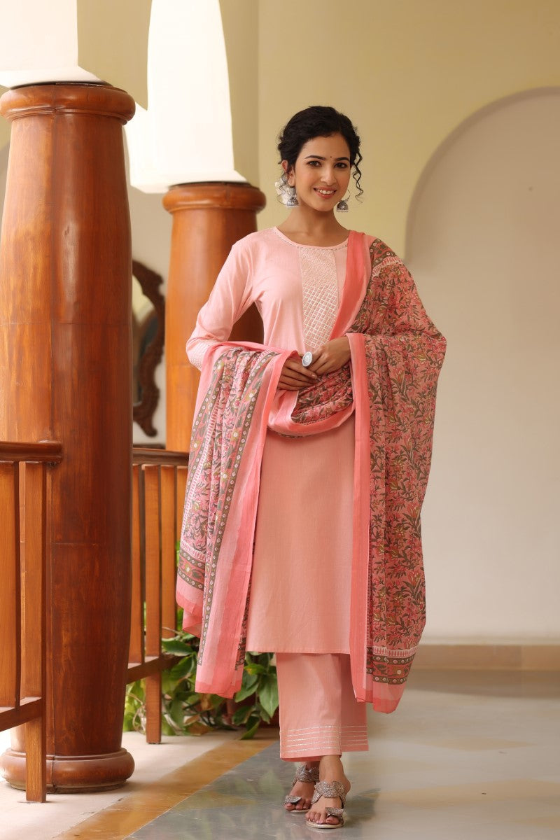 Pink cotton Yoke Design Gotta Patti Suit Set | SHOBITAM
