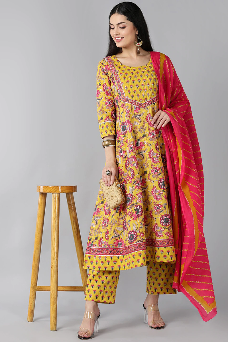 Yellow Ethnic Motifs Printed Regular Rayon Kurta | SHOBITAM