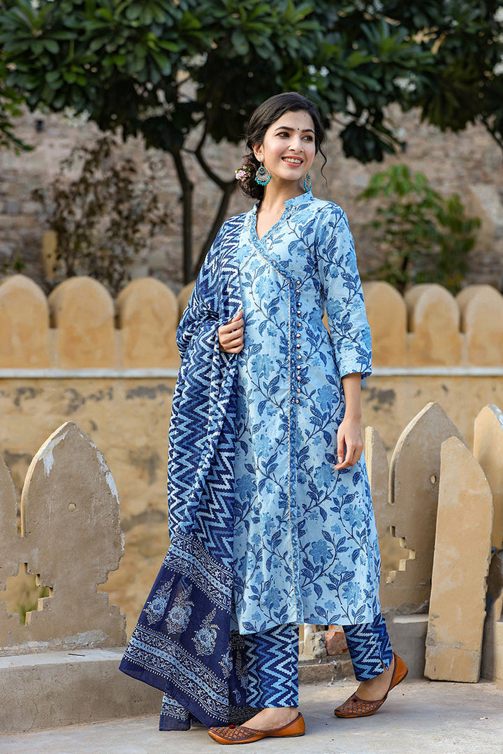 Blue Cotton Angrakha Suit Set | SHOBITAM