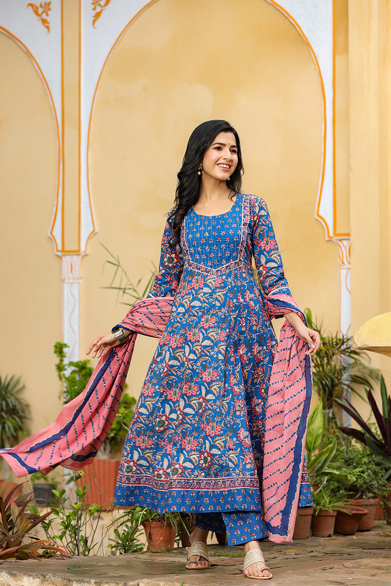 Blue Rayon Blend Anarkali Suit Set | SHOBITAM