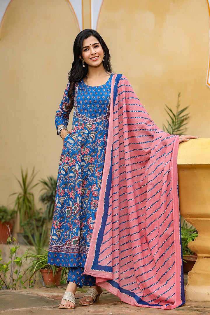 Blue Rayon Blend Anarkali Suit Set | SHOBITAM
