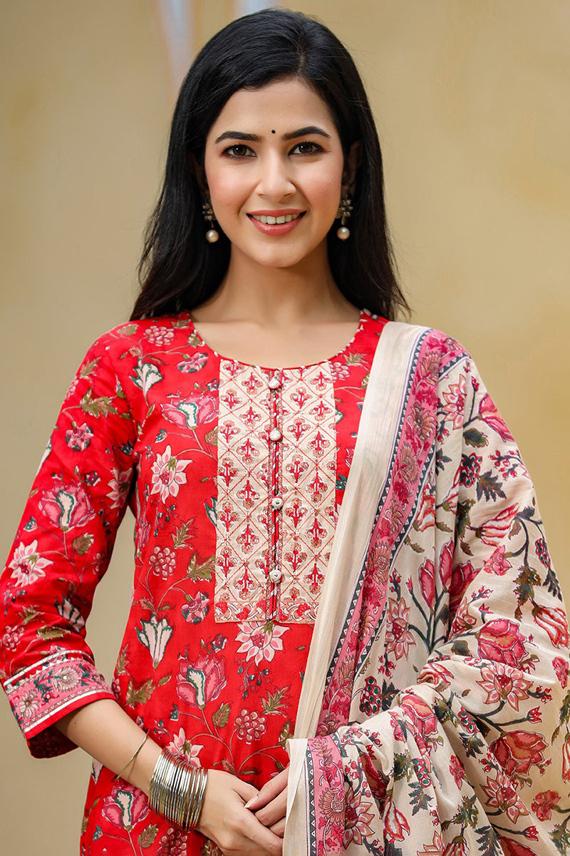 Red Rayon Blend Floral Printed Suit Set | SHOBITAM