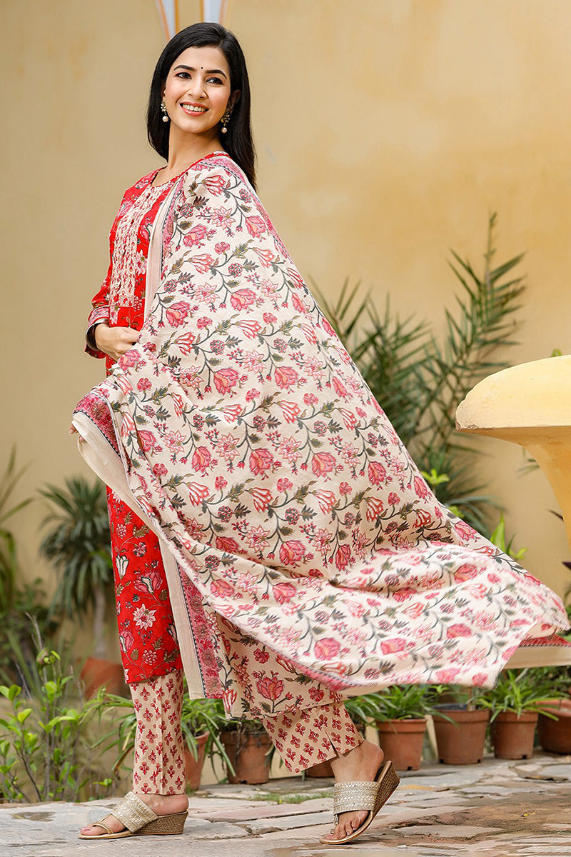 Red Rayon Blend Floral Printed Suit Set | SHOBITAM