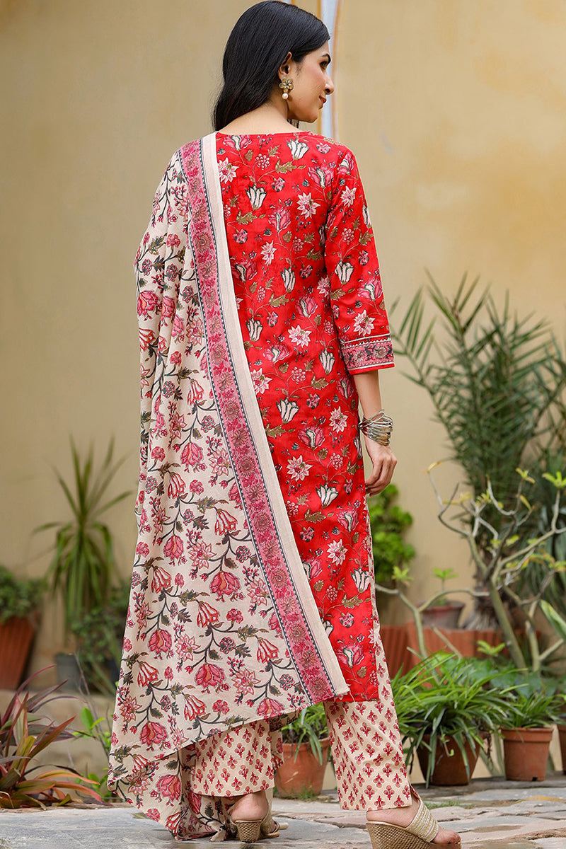 Red Rayon Blend Floral Printed Suit Set | SHOBITAM