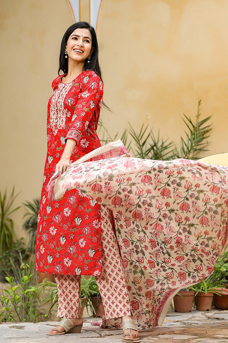 Red Rayon Blend Floral Printed Suit Set | SHOBITAM