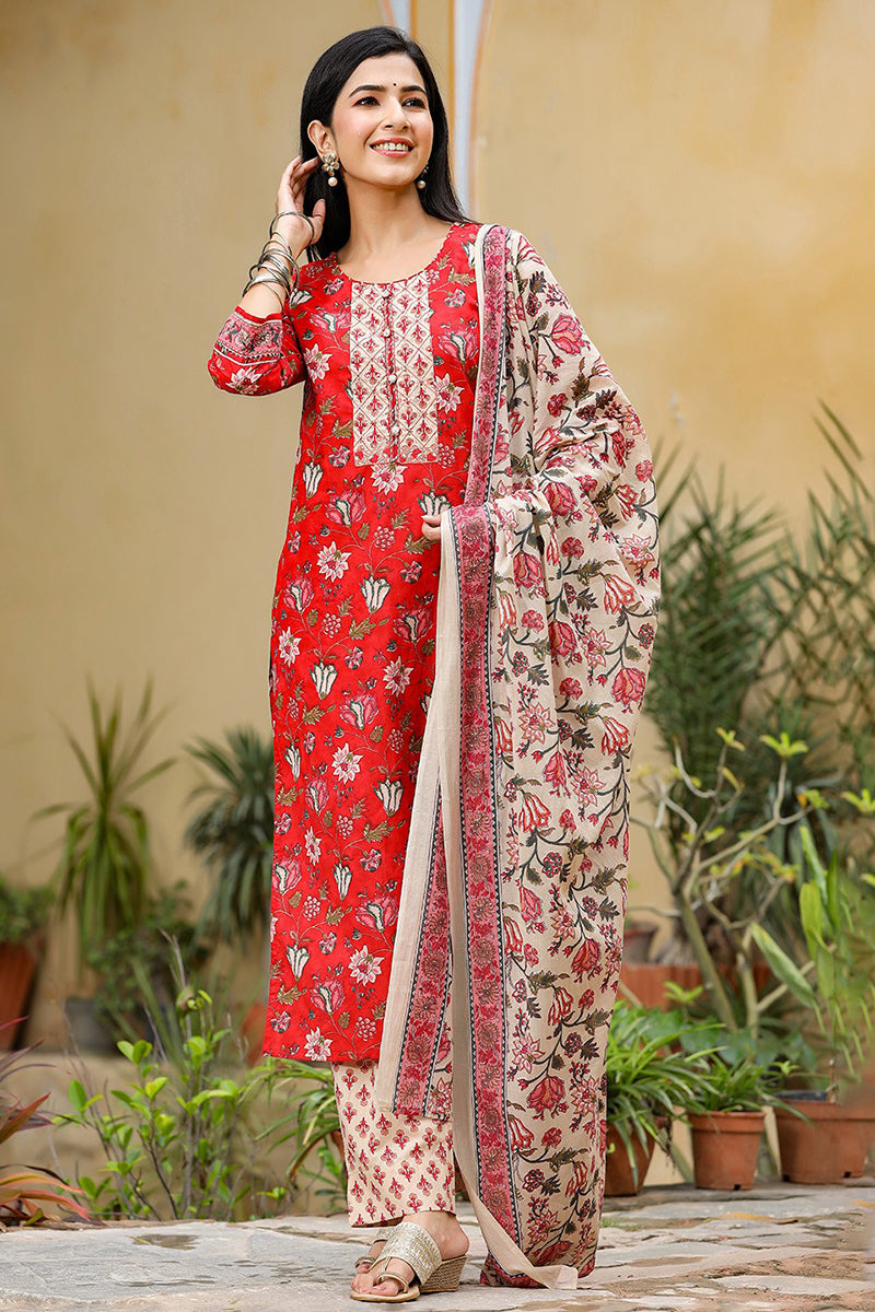 Red Rayon Blend Floral Printed Suit Set | SHOBITAM