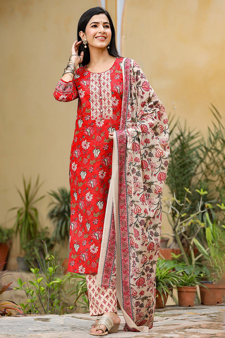 Red Rayon Blend Floral Printed Suit Set | SHOBITAM