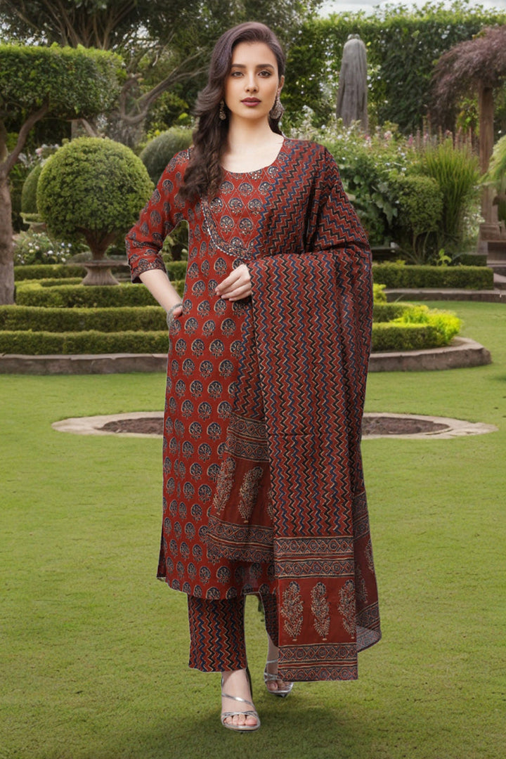 Rust Rayon Blend Suit Set | SHOBITAM