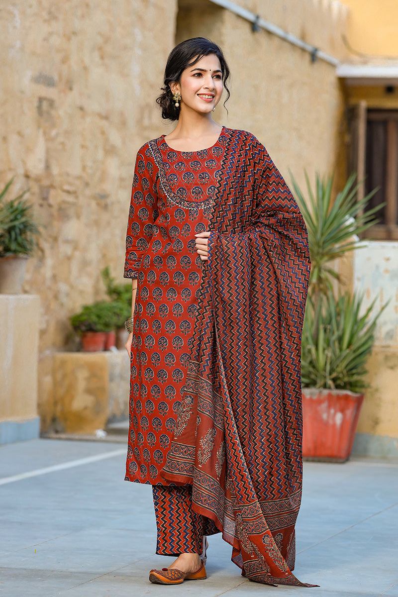 Rust Rayon Blend Suit Set | SHOBITAM