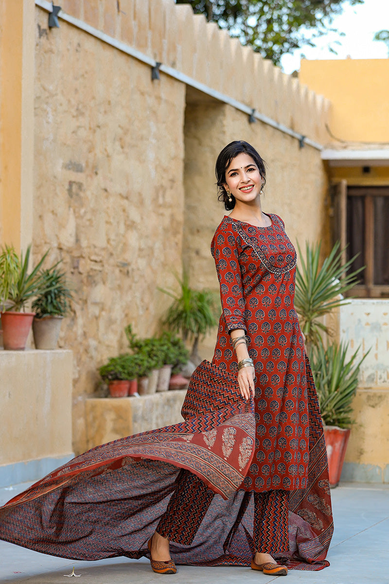 Rust Rayon Blend Suit Set | SHOBITAM