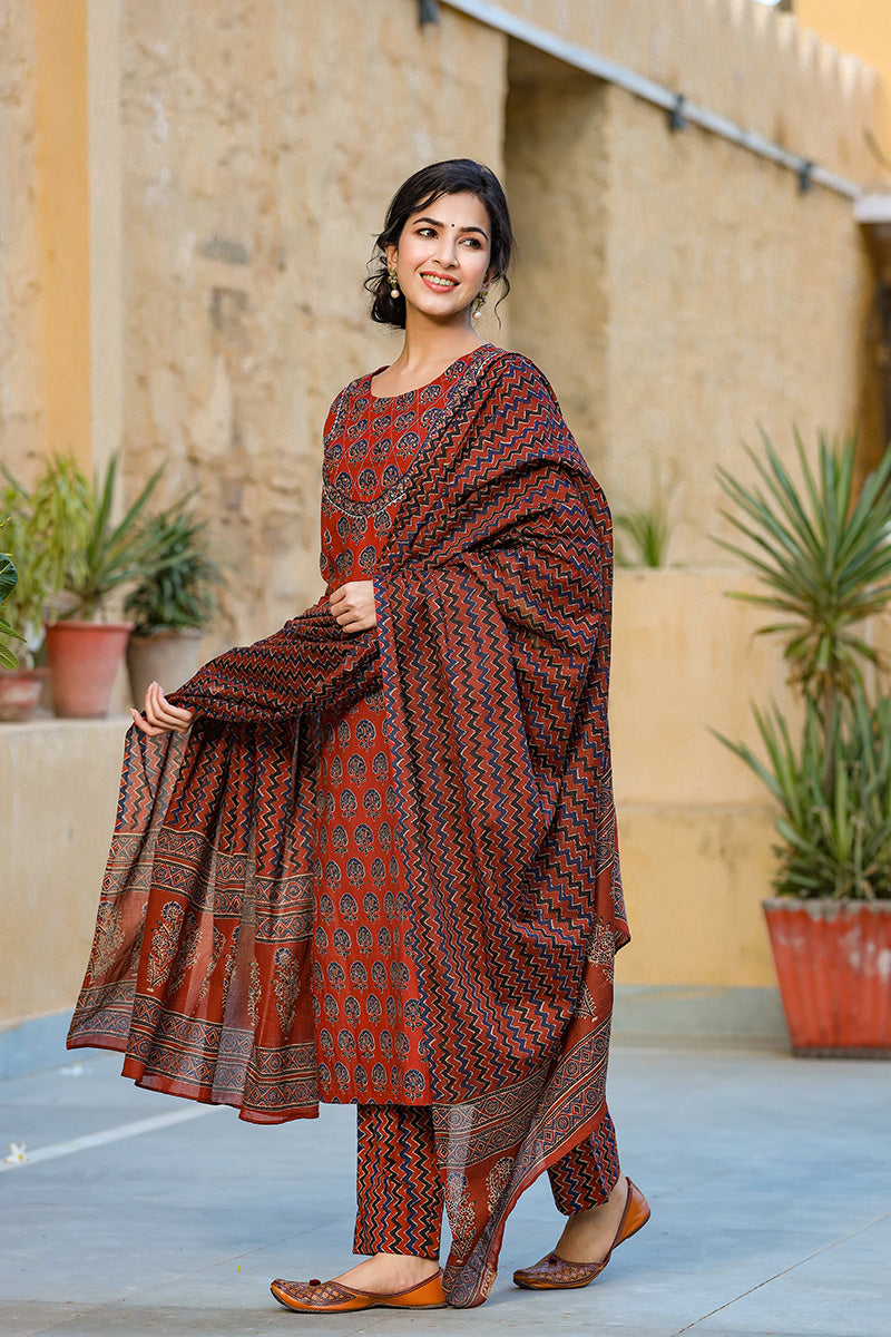 Rust Rayon Blend Suit Set | SHOBITAM