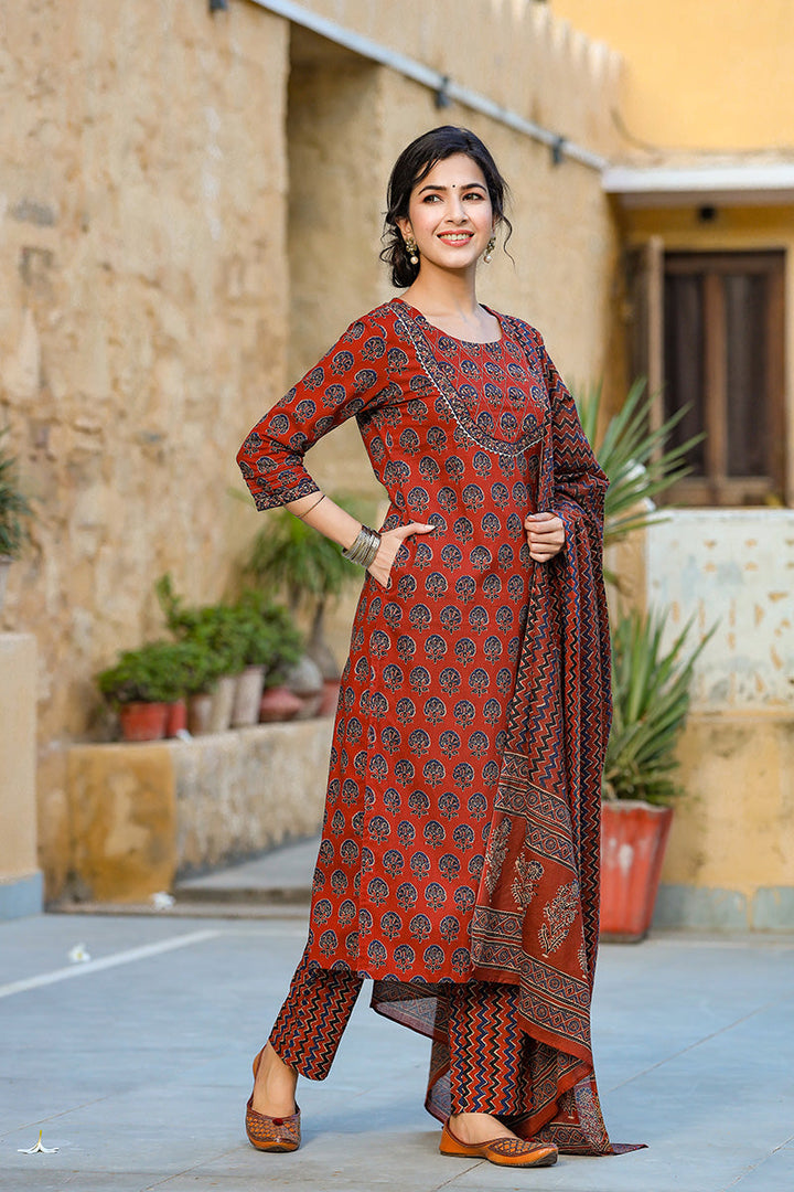 Rust Rayon Blend Suit Set | SHOBITAM