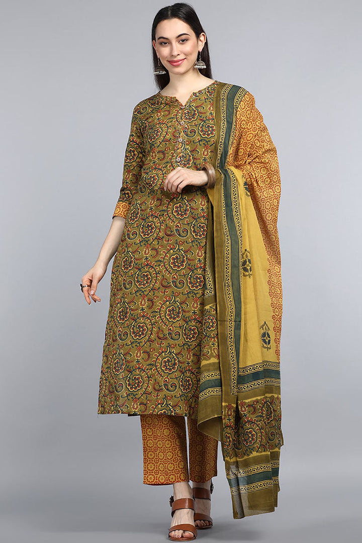 Green Yellow Floral Printed Pure Cotton Kurta with Trousers Dupatta Set | SHOBITAM